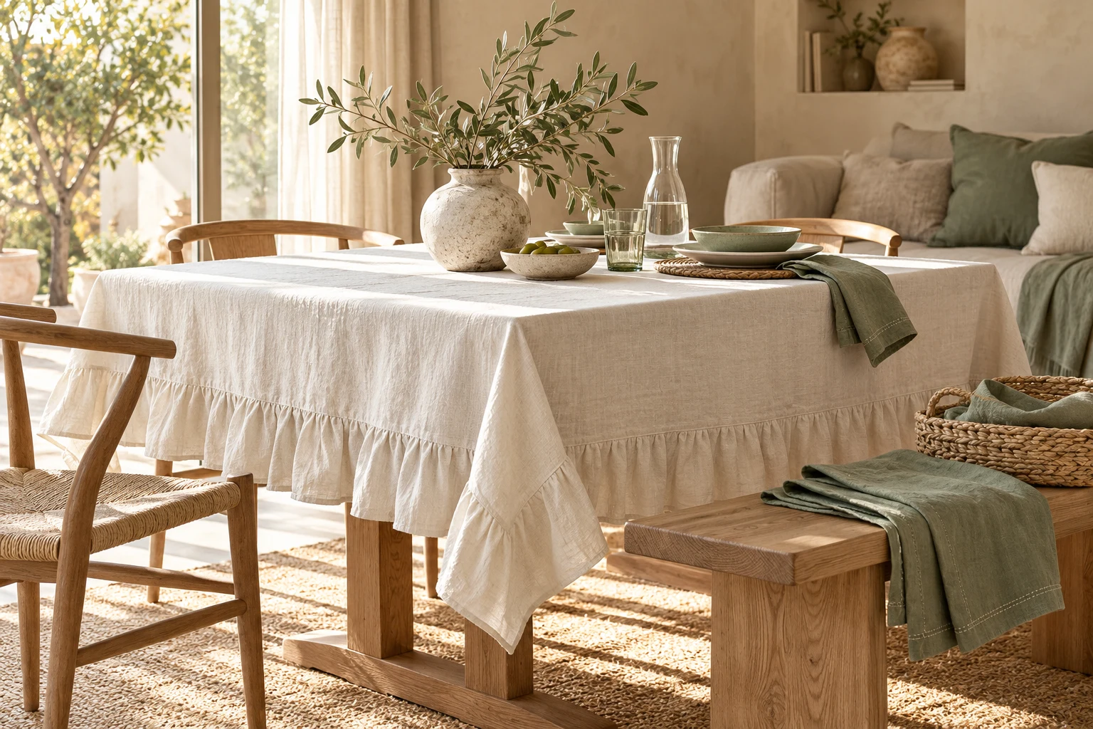 A coordinated ivory and sage dining textile collection