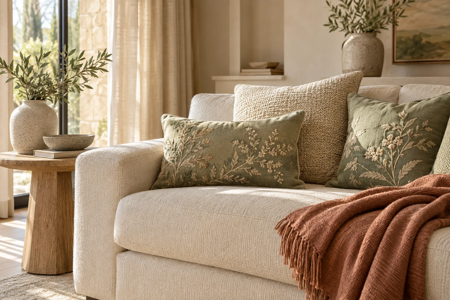 Sage cushions and layered textures in a calm living space