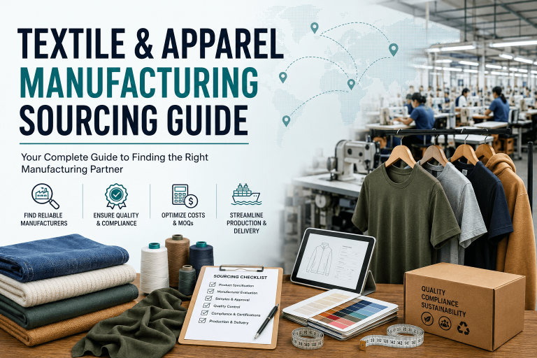 A collage featuring a 'Textile & Apparel Manufacturing Sourcing Guide' title, icons for finding manufacturers and ensuring quality, and a photo of a desk with fabric swatches, a checklist, and clothing samples.