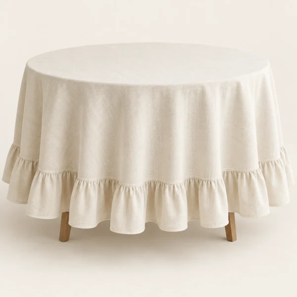 Ivory Ruffle Tablecloth on a warm ivory background — AI-generated design illustration