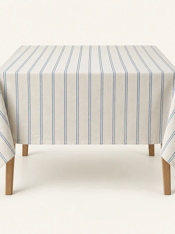 Blue Pinstripe Tablecloth on a warm ivory background — AI-generated design illustration
