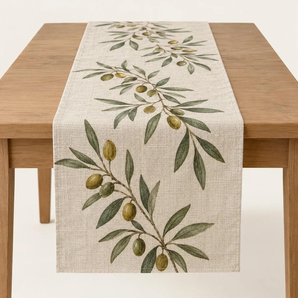 Olive Sprig Table Runner on a warm ivory background — AI-generated design illustration
