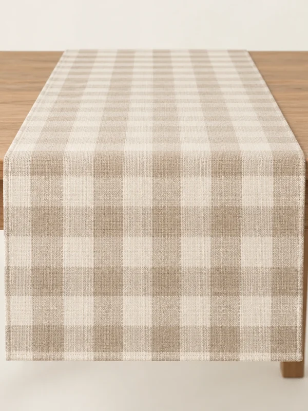 Natural Check Table Runner on a warm ivory background — AI-generated design illustration
