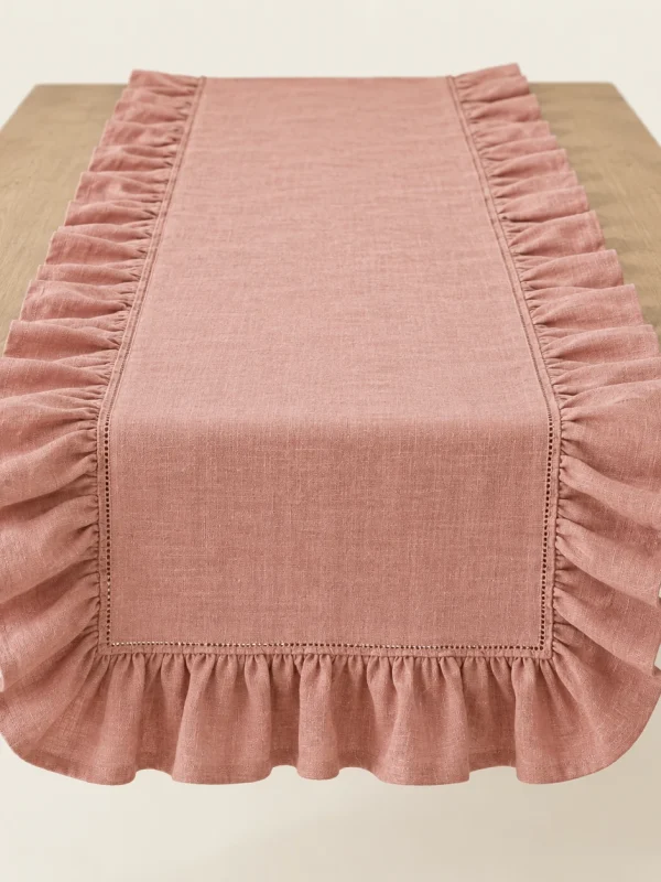 Rose Ruffle Table Runner on a warm ivory background — AI-generated design illustration