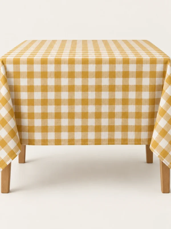 Mustard Gingham Tablecloth on a warm ivory background — AI-generated design illustration