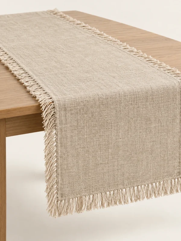 Linen Fringe Table Runner on a warm ivory background — AI-generated design illustration