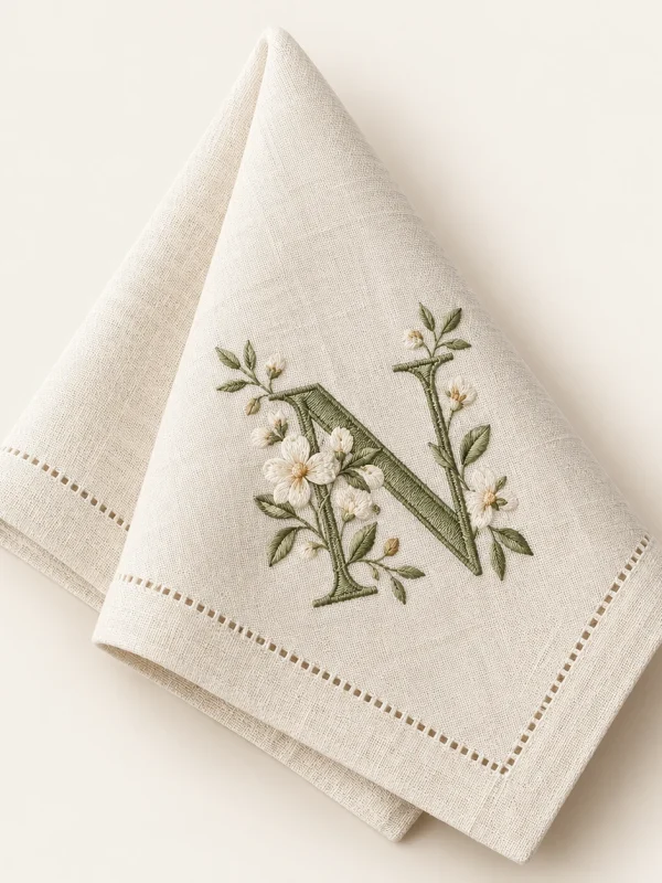Botanical Initial Napkin on a warm ivory background — AI-generated design illustration
