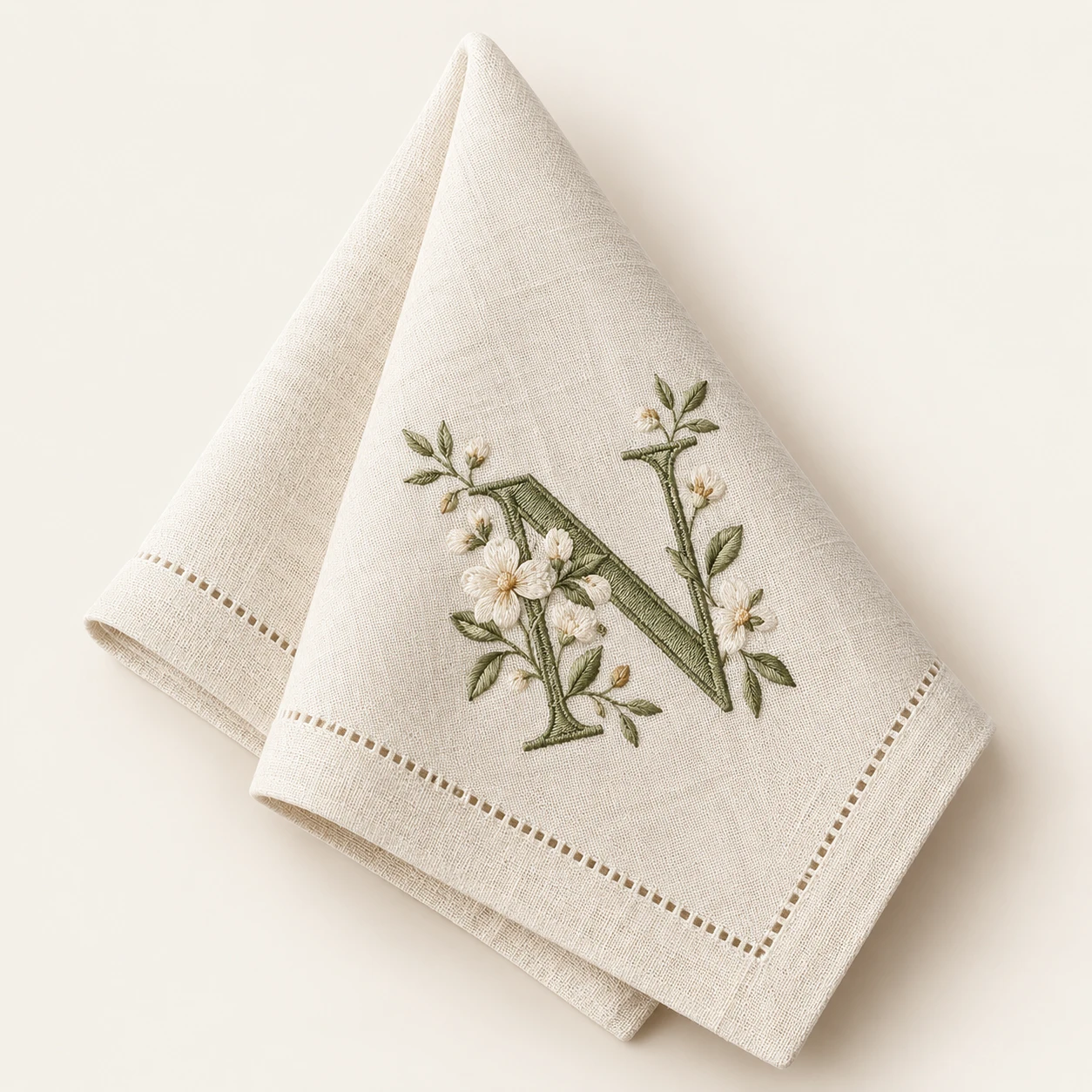 Botanical Initial Napkin on a warm ivory background — AI-generated design illustration