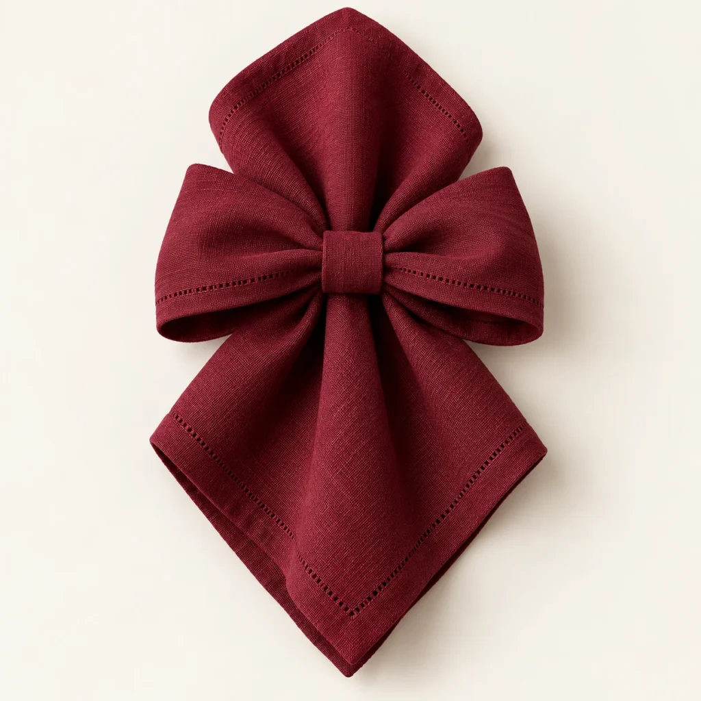 Burgundy Bow Napkin — original high-resolution design illustration Burgundy Bow Napkin on a warm ivory background — AI-generated design illustration