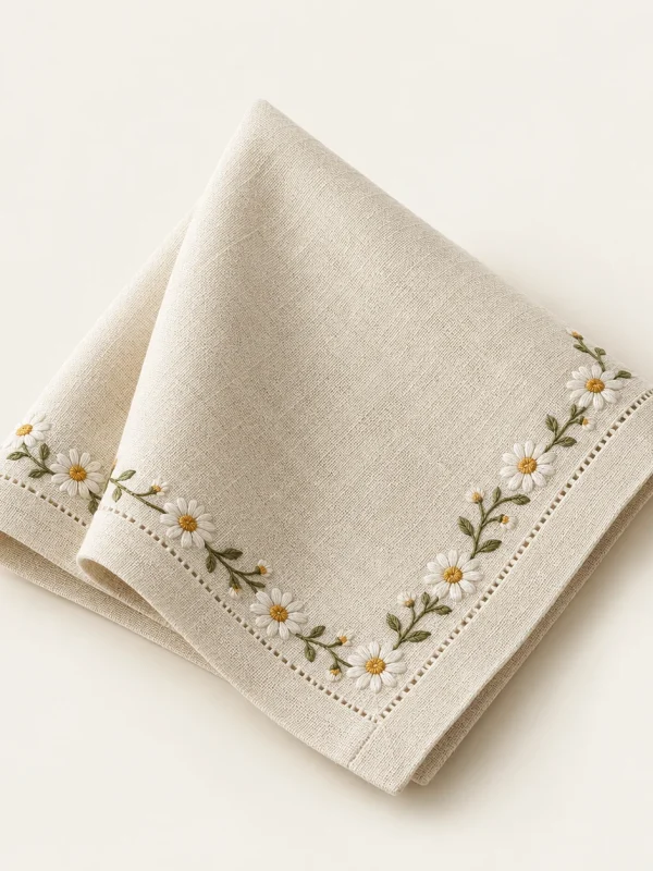 Daisy Stitch Napkin on a warm ivory background — AI-generated design illustration