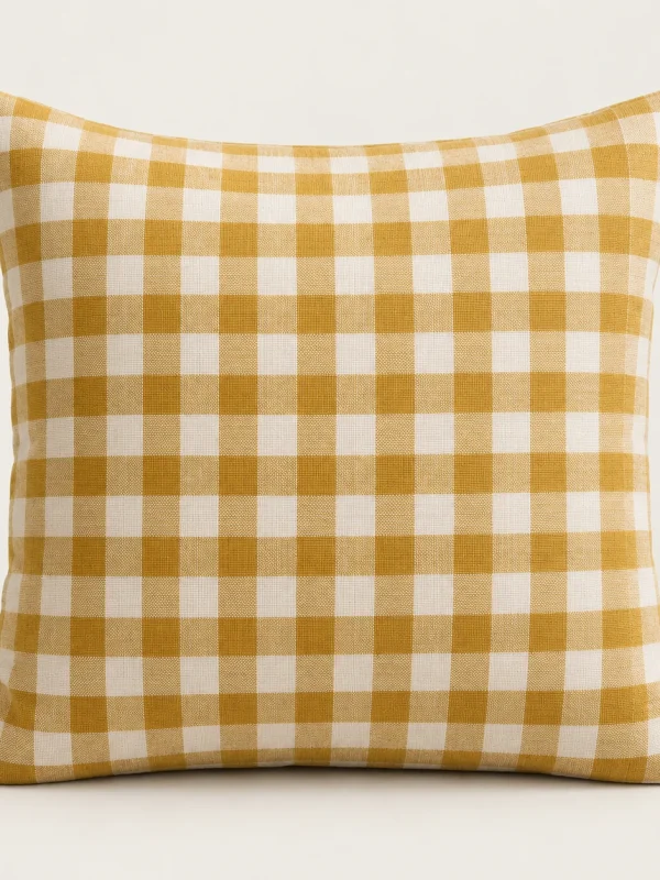 Mustard Gingham Cushion Cover — original high-resolution design illustration Mustard Gingham Cushion Cover on a warm ivory background — AI-generated design illustration