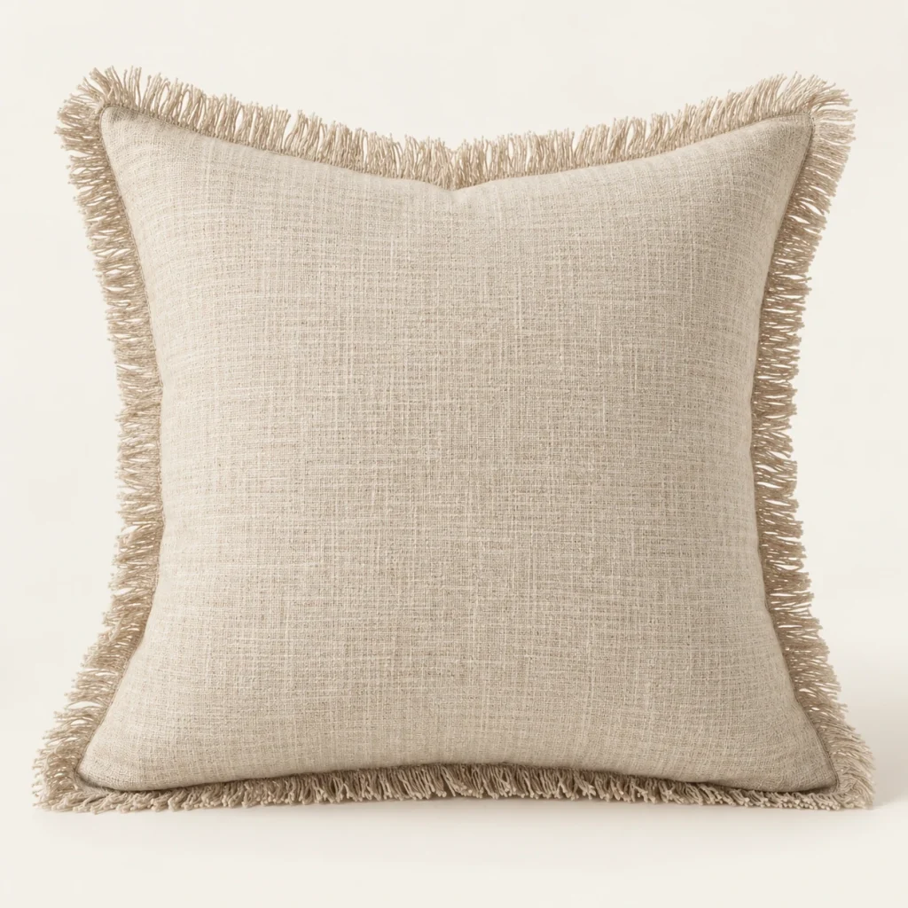 Linen Fringe Cushion Cover on a warm ivory background — AI-generated design illustration