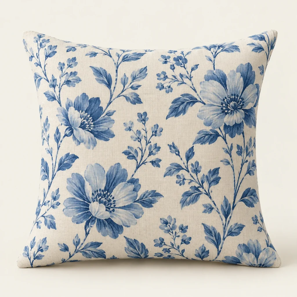 Blue Floral Cushion Cover — original high-resolution design illustration Blue Floral Cushion Cover on a warm ivory background — AI-generated design illustration