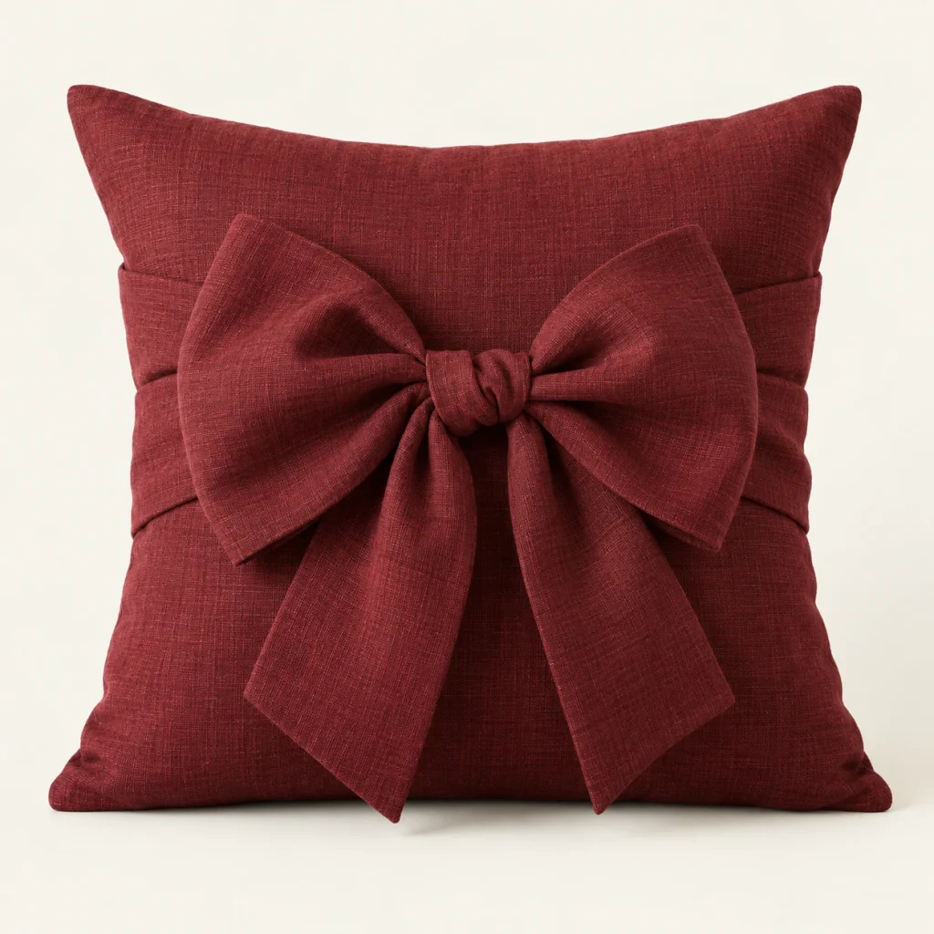 Burgundy Bow Cushion Cover on a warm ivory background — AI-generated design illustration
