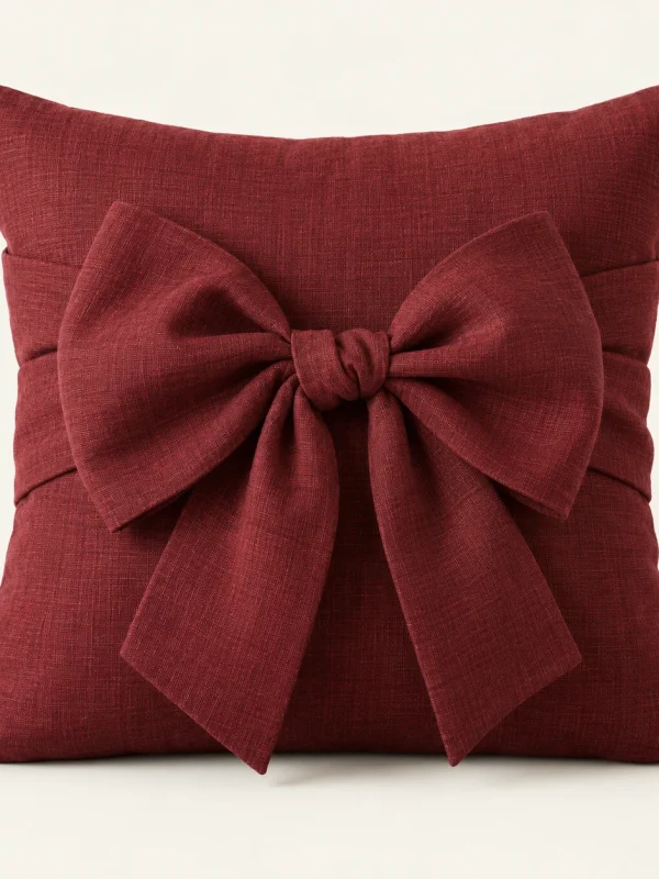 Burgundy Bow Cushion Cover on a warm ivory background — AI-generated design illustration