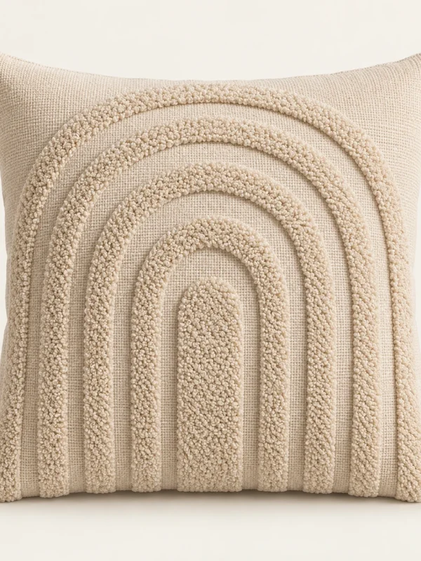 Tufted Arch Cushion Cover on a warm ivory background — AI-generated design illustration
