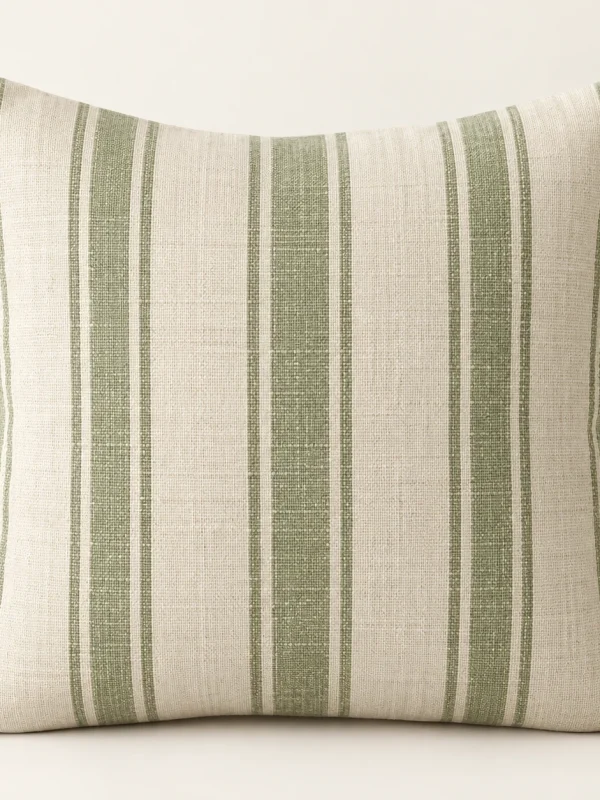 Sage Stripe Cushion Cover on a warm ivory background — AI-generated design illustration