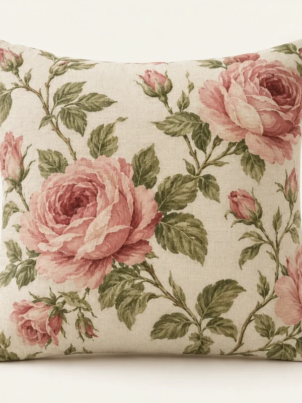Rose Botanical Cushion Cover on a warm ivory background — AI-generated design illustration