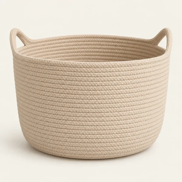 Sand Handle Storage Basket on a warm ivory background — AI-generated design illustration
