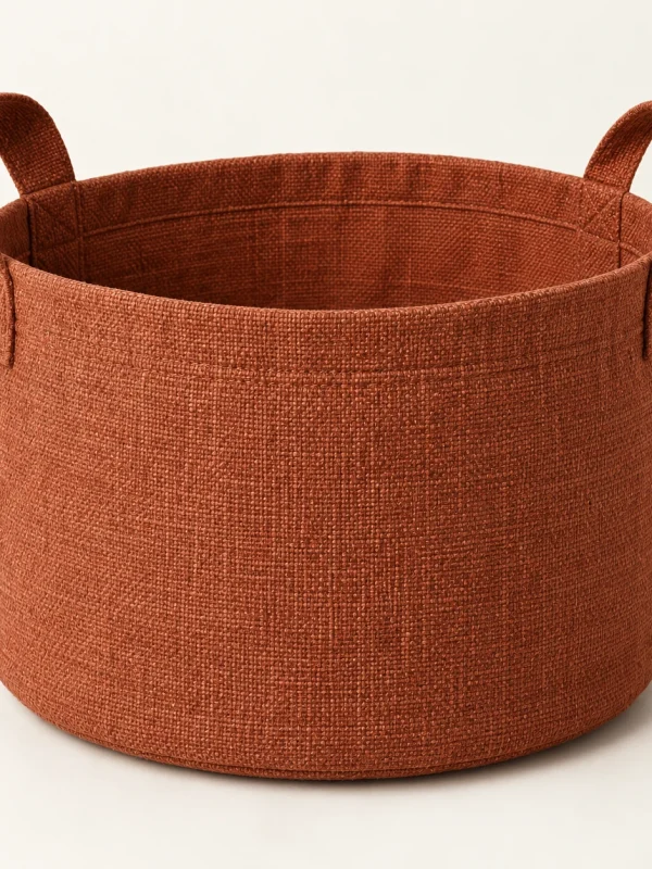 Rust Round Fabric Basket on a warm ivory background — AI-generated design illustration