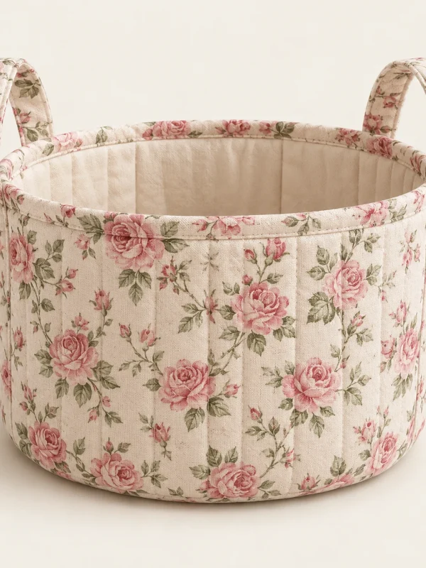 Rose Vanity Basket on a warm ivory background — AI-generated design illustration