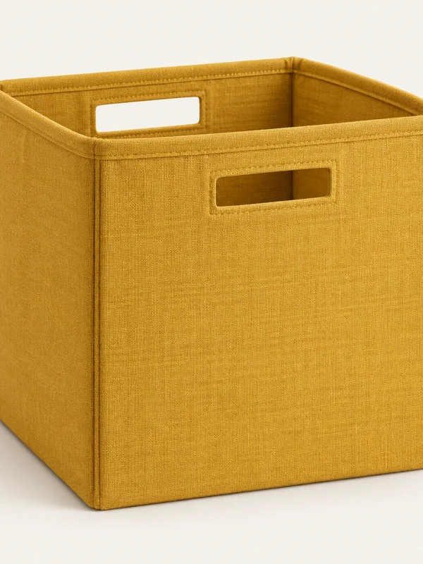 Mustard Fabric Bin on a warm ivory background — AI-generated design illustration