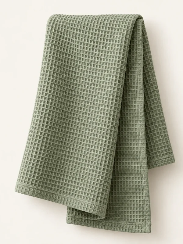 Sage Waffle Kitchen Towel on a warm ivory background — AI-generated design illustration