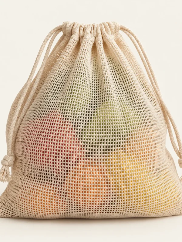 Oatmeal Produce Bag on a warm ivory background — AI-generated design illustration