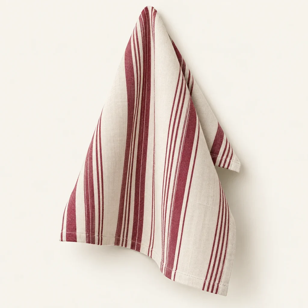 Burgundy Stripe Tea Towel on a warm ivory background — AI-generated design illustration
