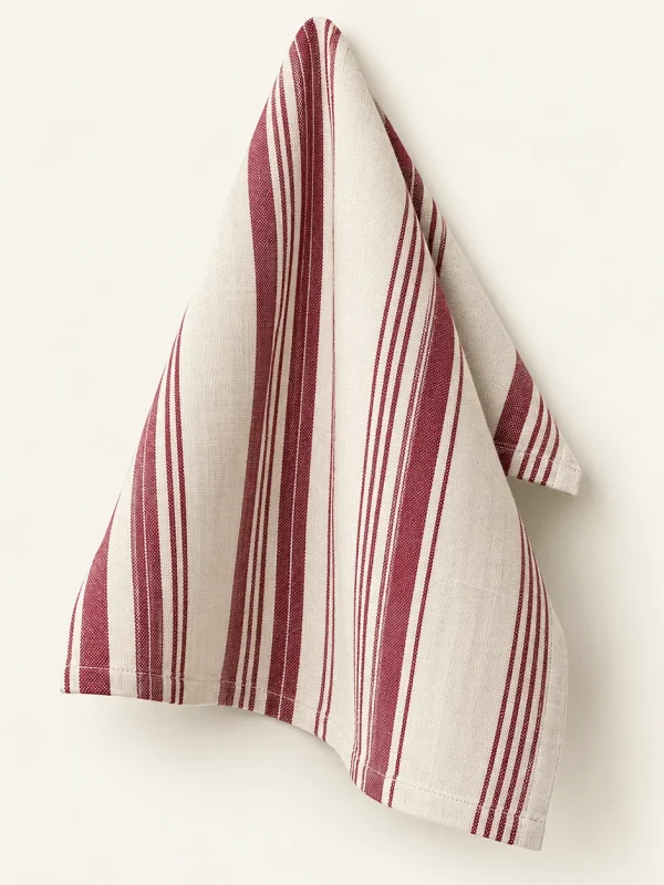 Burgundy Stripe Tea Towel on a warm ivory background — AI-generated design illustration