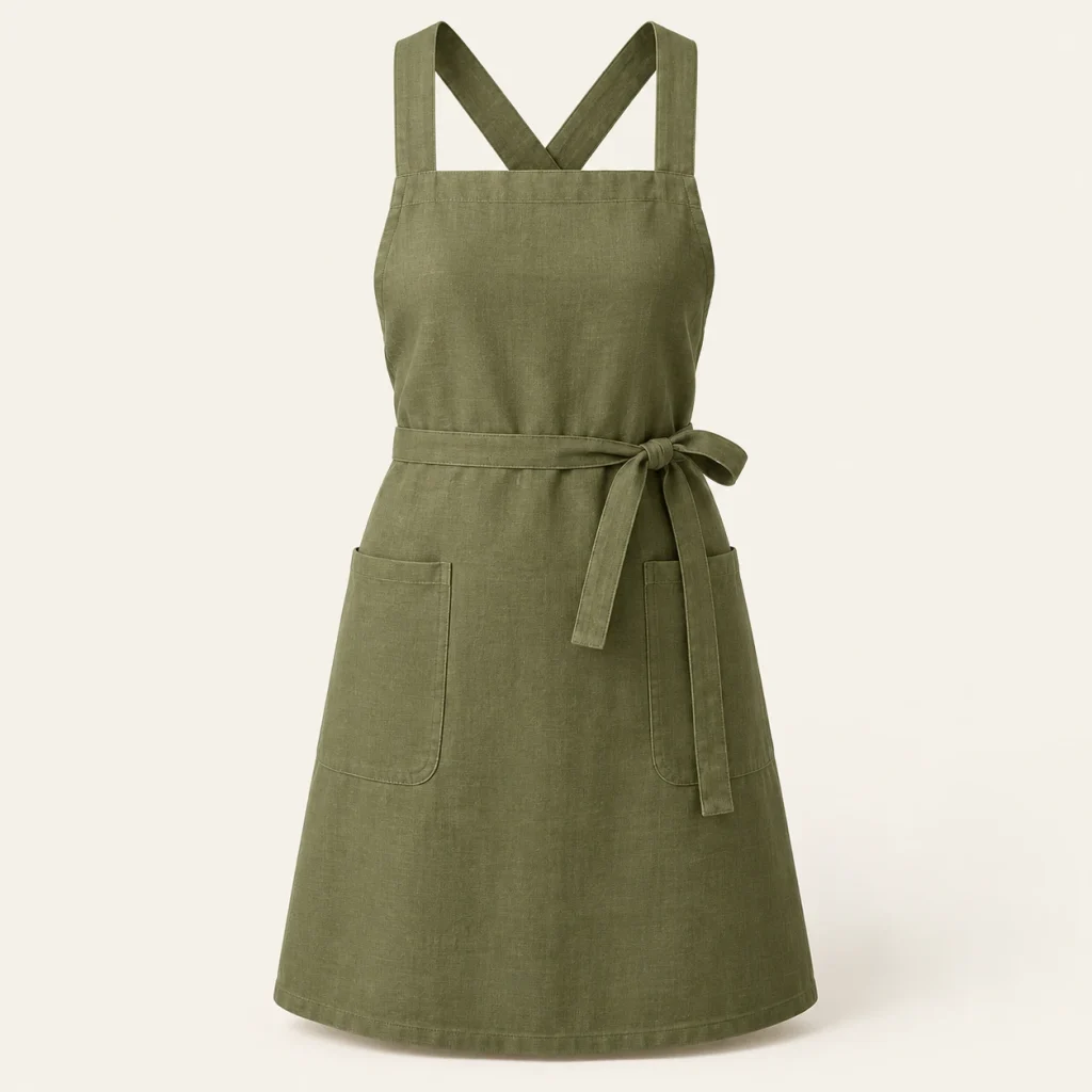 Olive Cross Back Apron on a warm ivory background — AI-generated design illustration