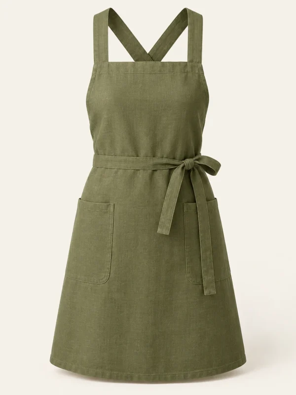 Olive Cross Back Apron on a warm ivory background — AI-generated design illustration