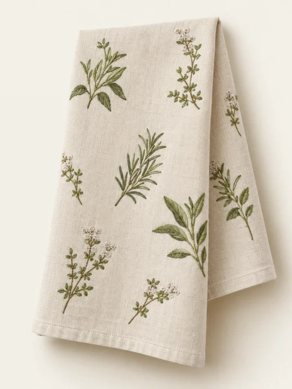 Herb Stitch Tea Towel on a warm ivory background — AI-generated design illustration
