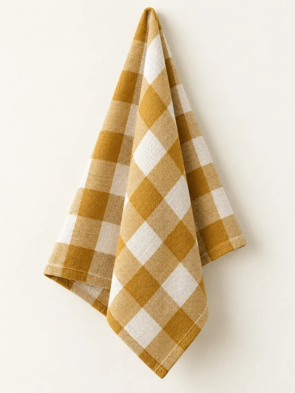 Mustard Check Towel on a warm ivory background — AI-generated design illustration