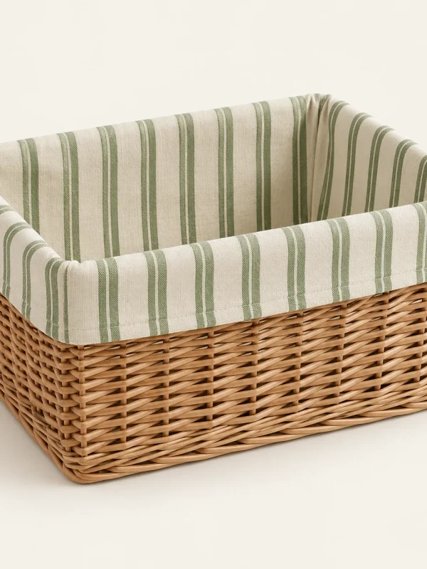 Green Stripe Basket Liner on a warm ivory background — AI-generated design illustration