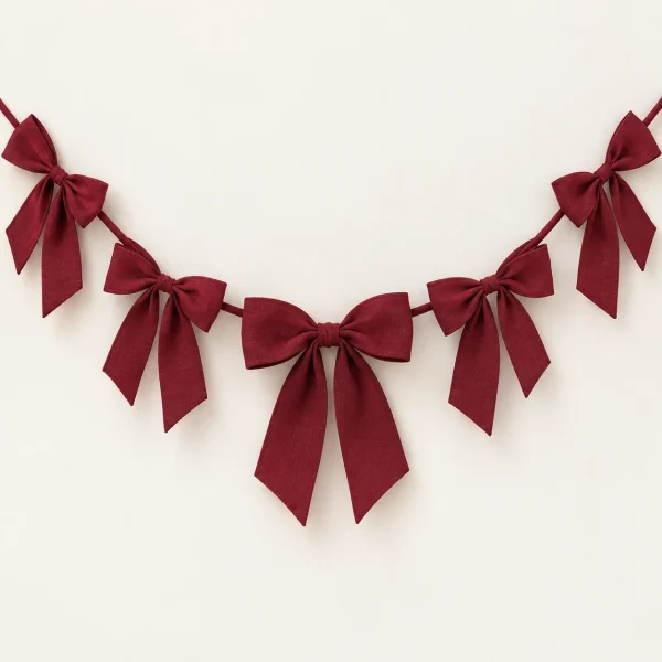 Burgundy Bow Garland on a warm ivory background — AI-generated design illustration