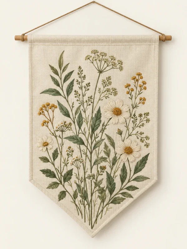 Botanical Wall Pennant on a warm ivory background — AI-generated design illustration