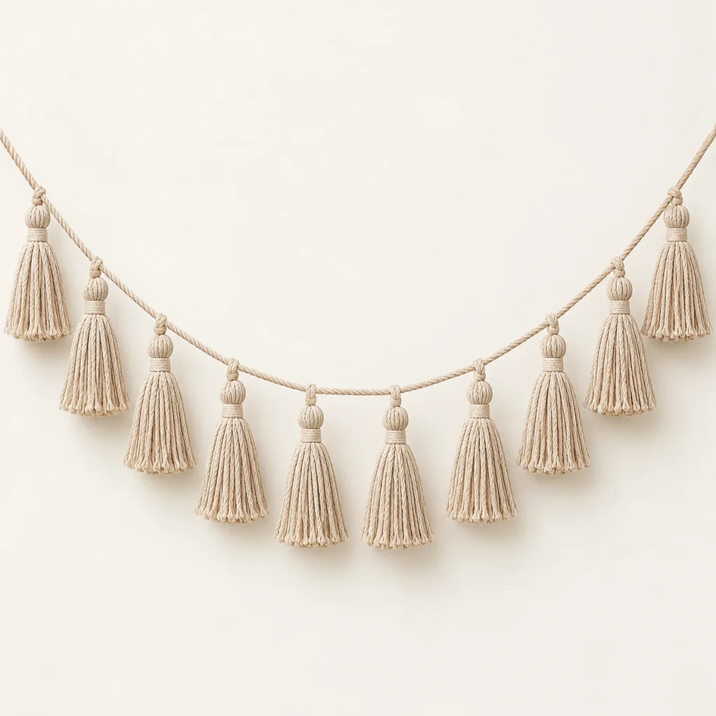 Oatmeal Tassel Garland on a warm ivory background — AI-generated design illustration