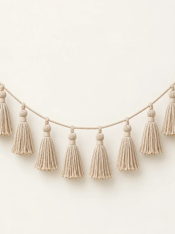 Oatmeal Tassel Garland on a warm ivory background — AI-generated design illustration