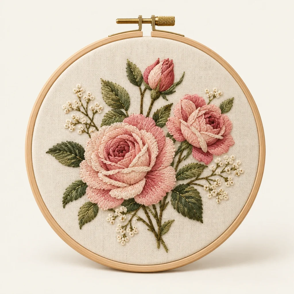 Rose Floral Embroidery Hoop on a warm ivory background — AI-generated design illustration