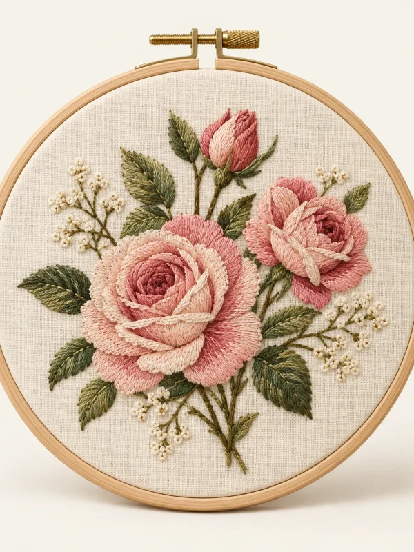 Rose Floral Embroidery Hoop on a warm ivory background — AI-generated design illustration